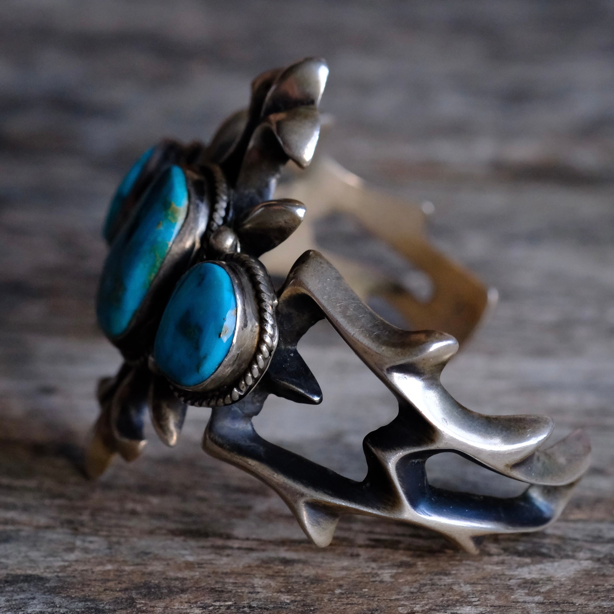 HEAVY Vintage Sterling Blue Gem Turquoise Sandcast Cuff