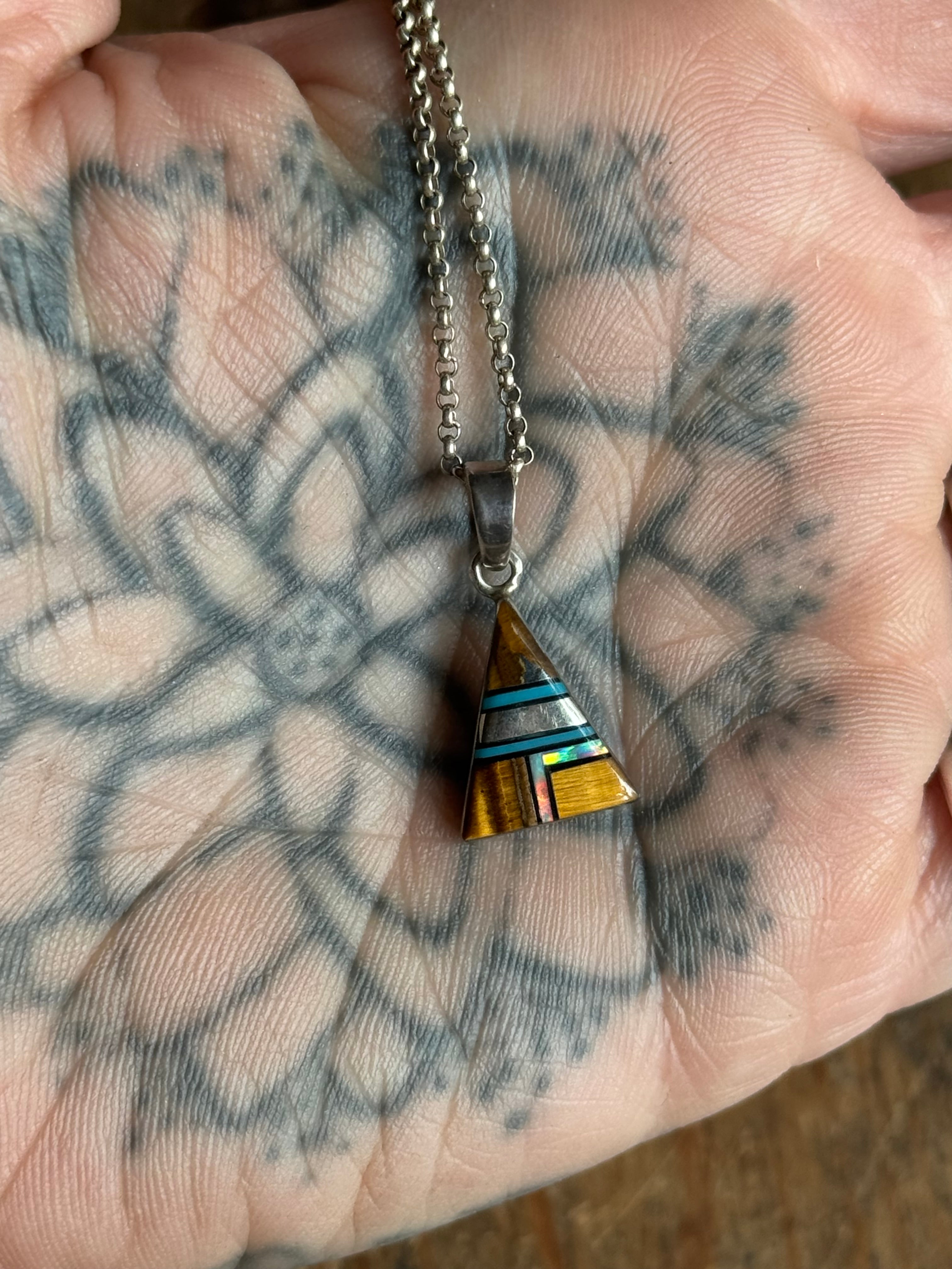 Vintage Sterling Silver Multistone Inlay Triangle 18" Necklace