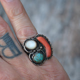 Vintage Sterling Turquoise Coral and MOP Ring 7