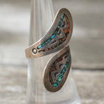 Vintage Sterling Turquoise and Coral Inlay Overpass Ring 5.75