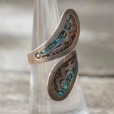 Vintage Sterling Turquoise and Coral Inlay Overpass Ring 5.75