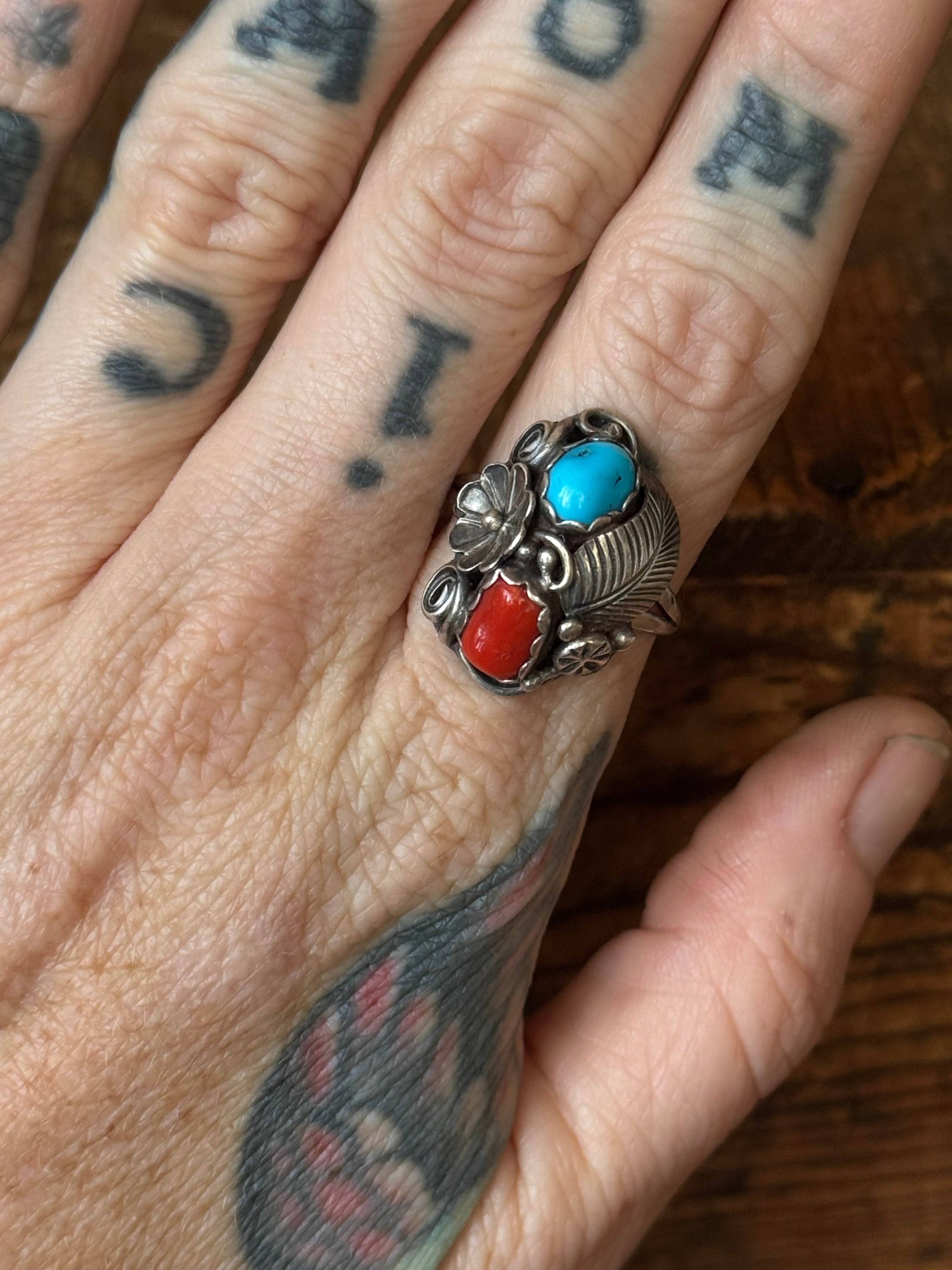 Vintage Sterling Silver Coral & Turquoise Flower Leaf Ring 8.5