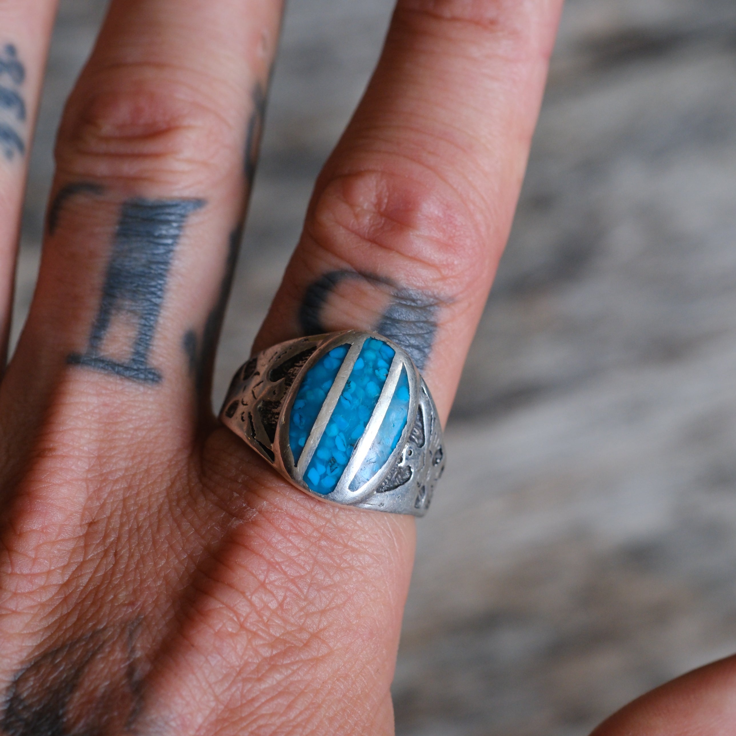 Vintage Sterling Crushed Turquoise Inlay Thunderbird Ring 11.75