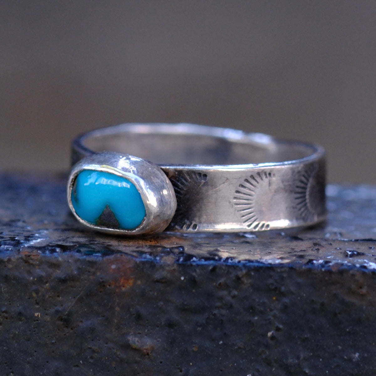 Sterling Silver Lone Mountain Turquoise Stamped Band Ring 10.25