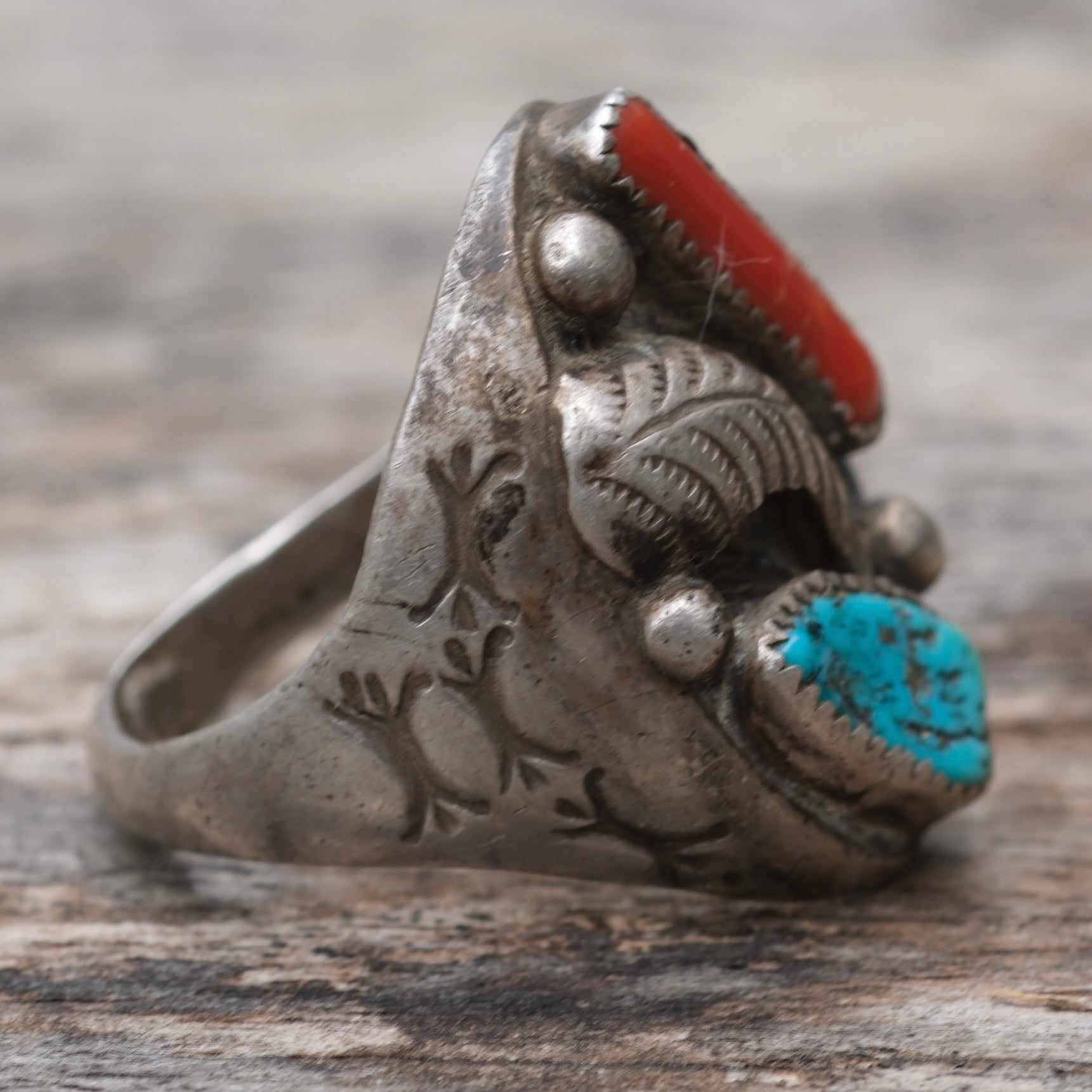 Vintage Sterling Turquoise and Coral Feather Ring 11