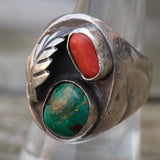 Vintage Sterling Turquoise and Coral Feather Ring 8.25