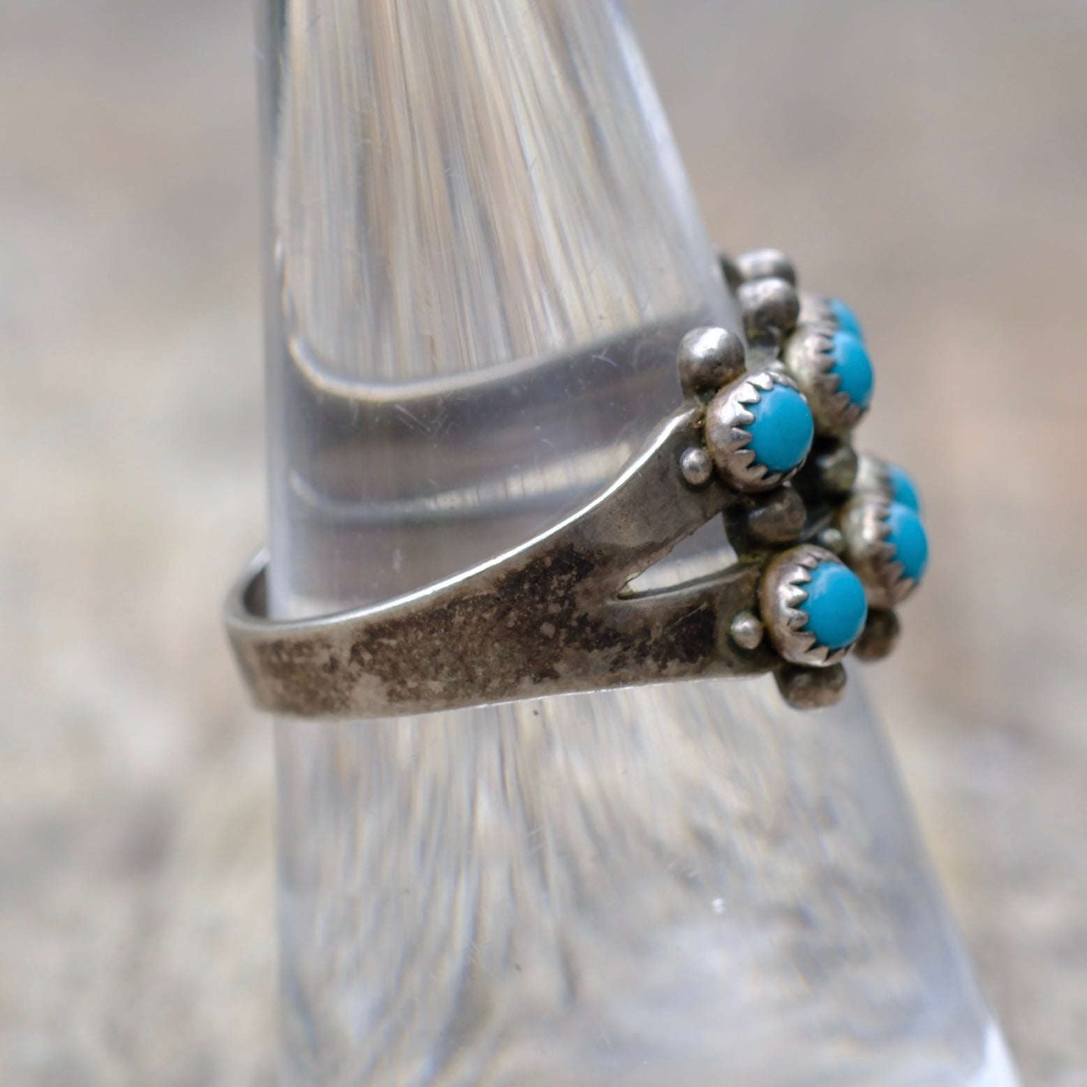 Vintage Sterling Snake Eye Turquoise Double Row Ring 7.75