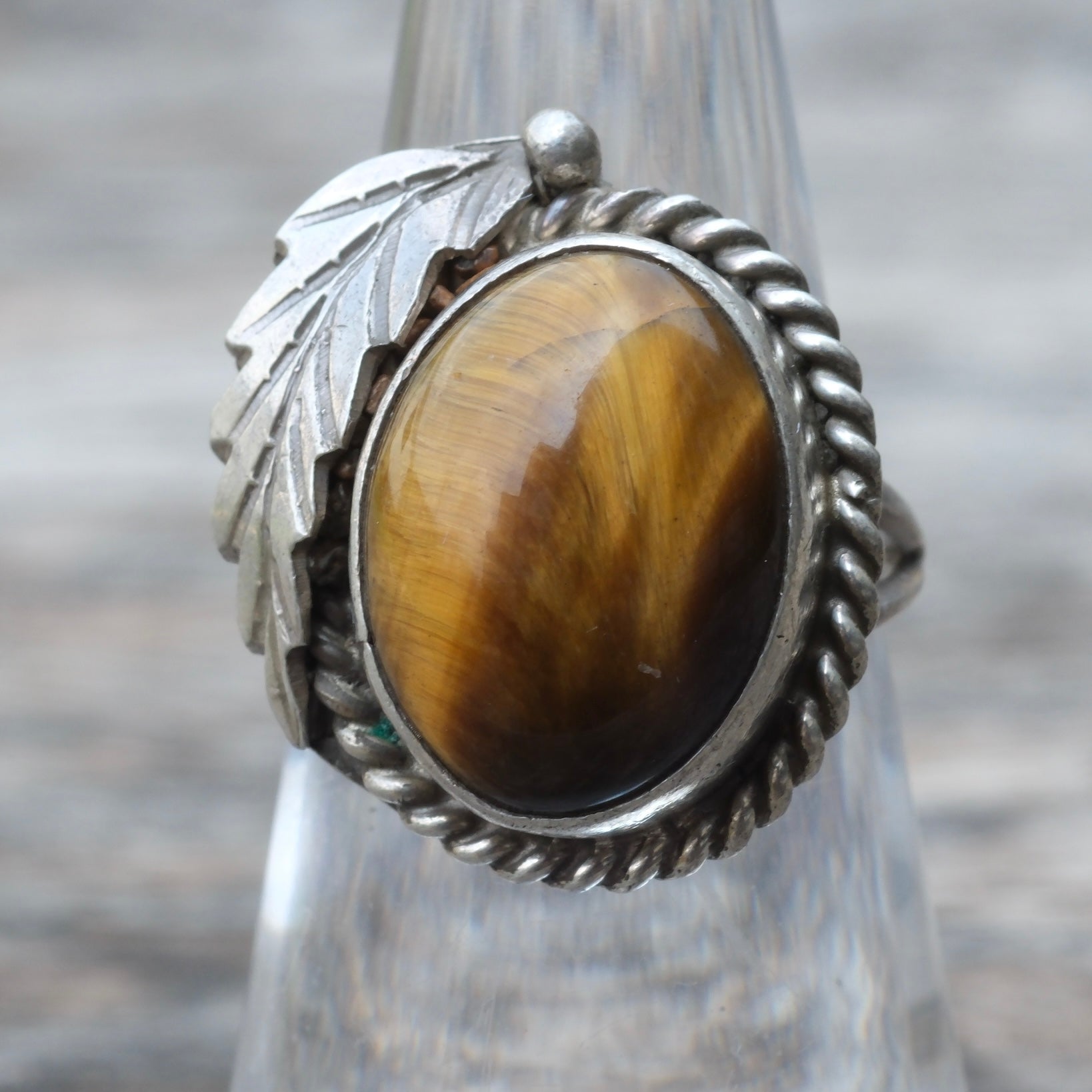 Vintage Sterling Tigers Eye Feather Ring 5.5