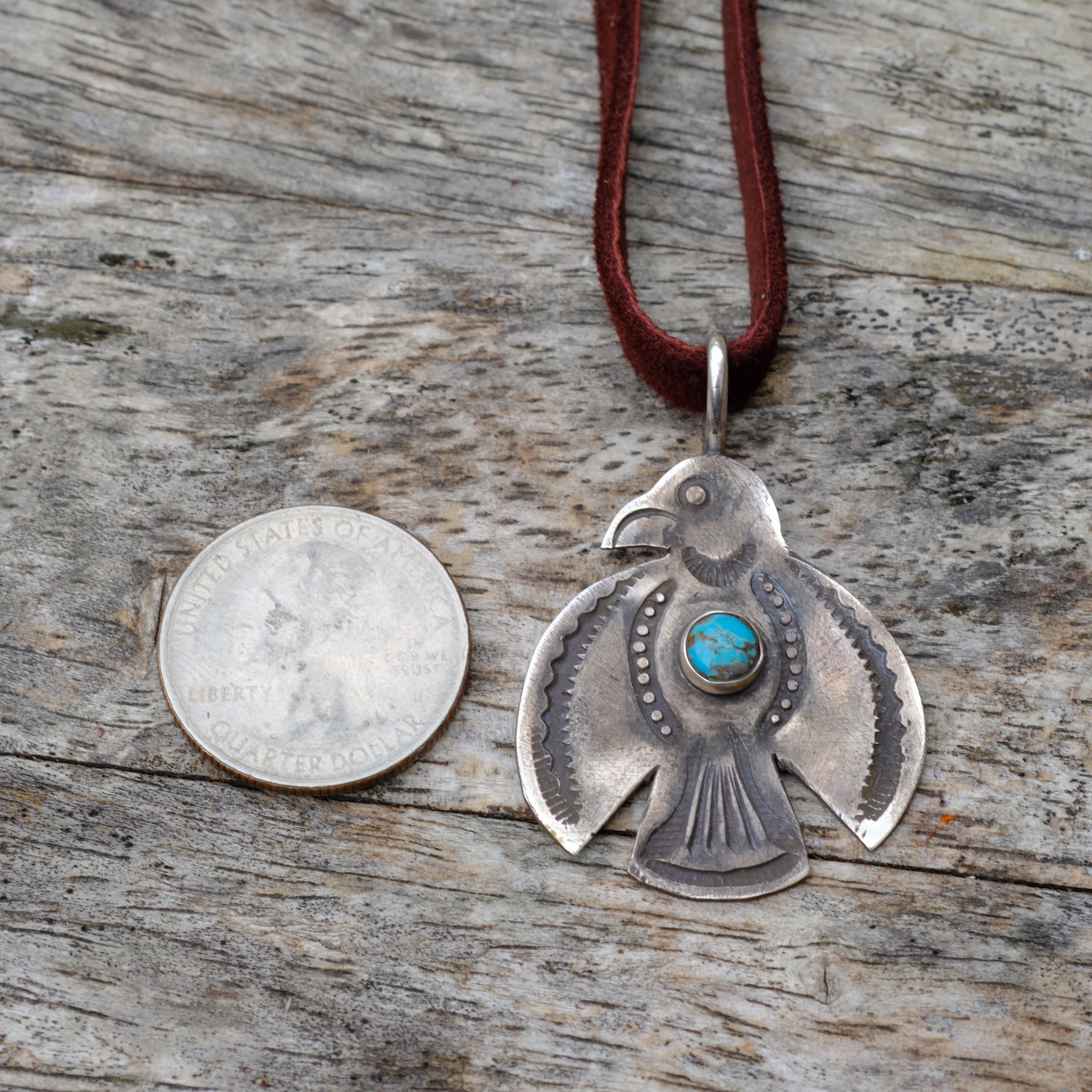 Sterling Silver Stamped Turquoise Thunderbird Necklace