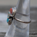 Vintage Sterling Effie Turquoise and Coral Snake Ring 6.75