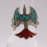 Vintage Sterling Turquoise and Coral Thunderbird Ring 4.75