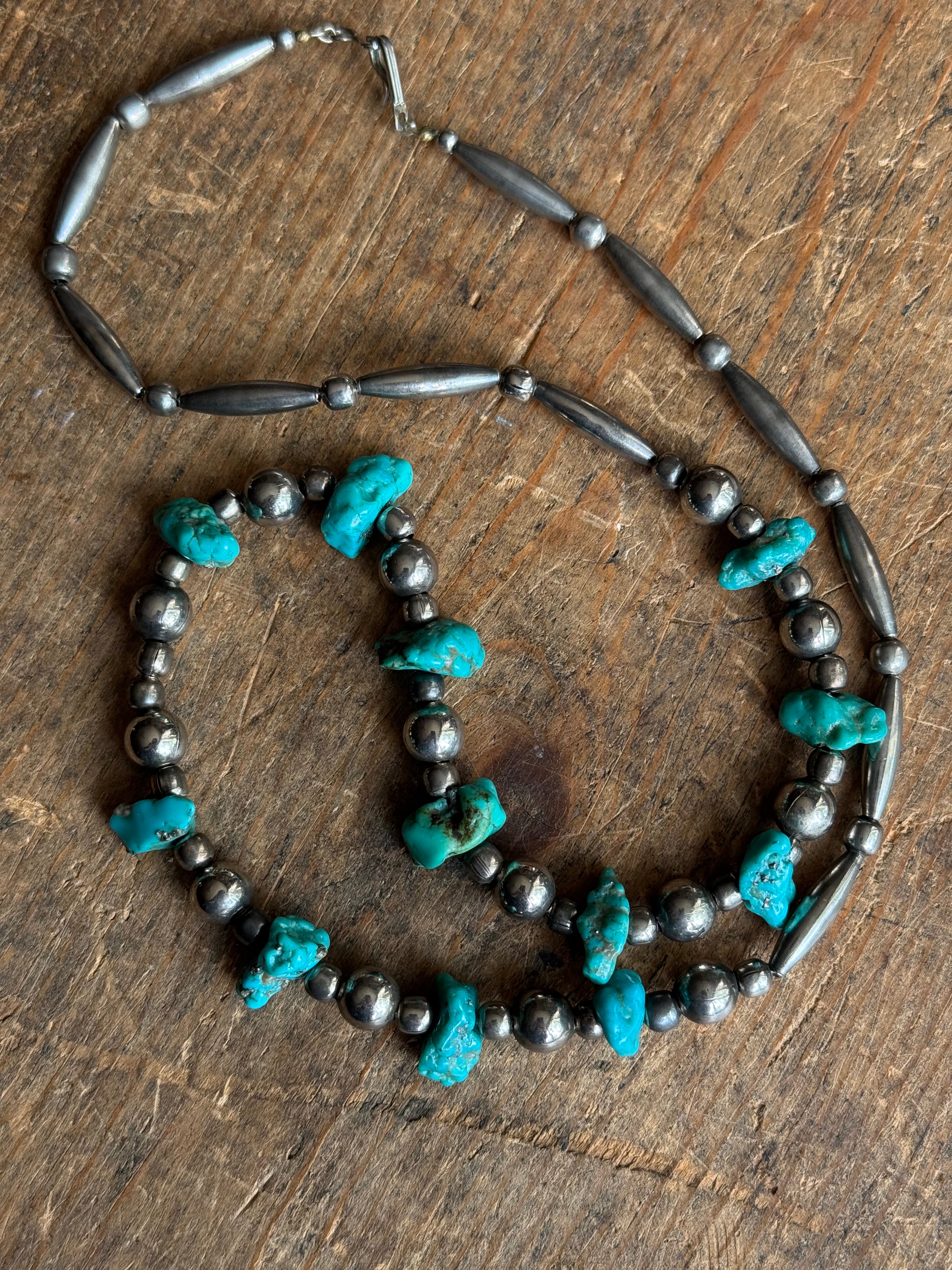 Vintage Raw Turquoise & Sterling Silver Pawn Bead Necklace