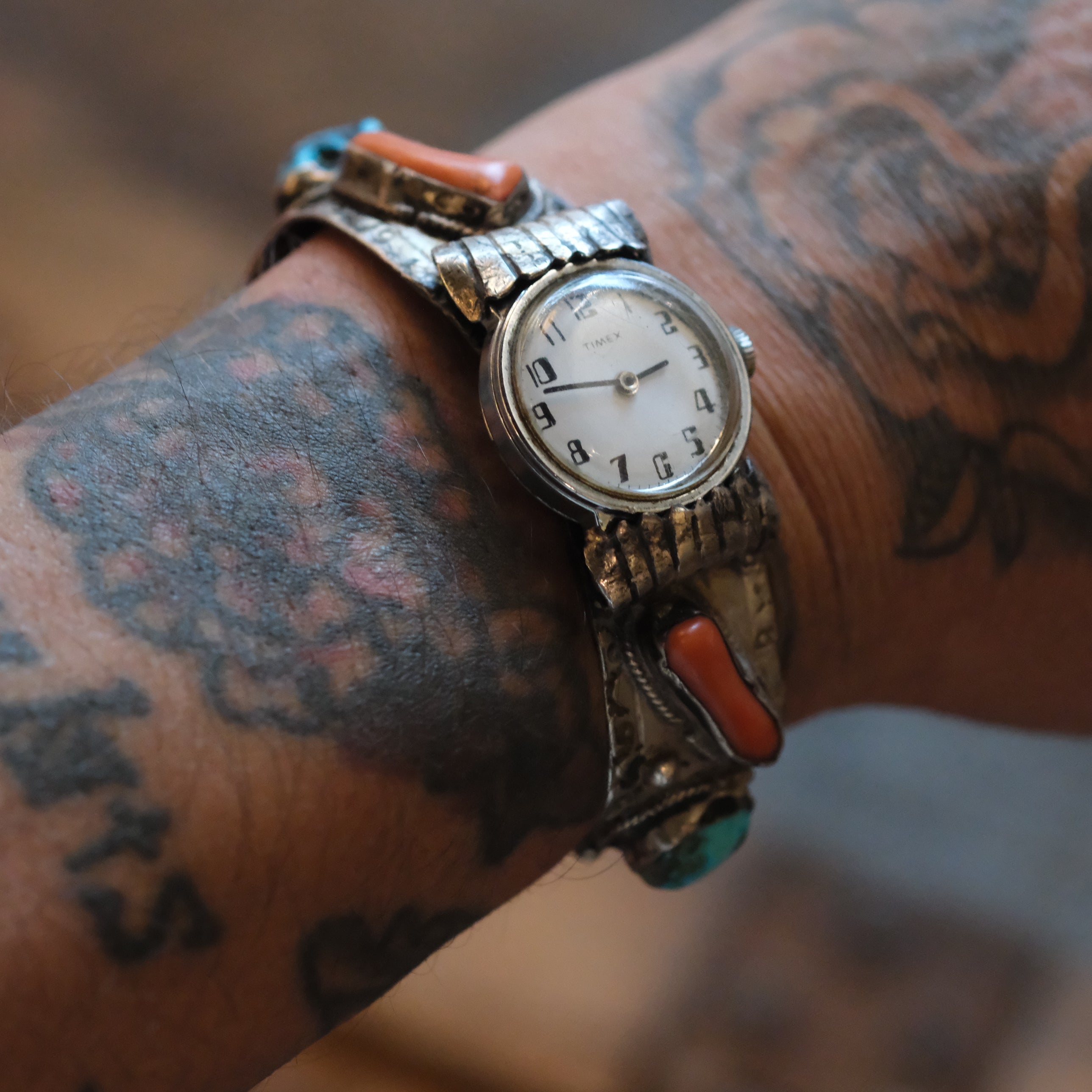 Vintage Sterling Turquoise and Coral Cuff Watch Cuff Bracelet