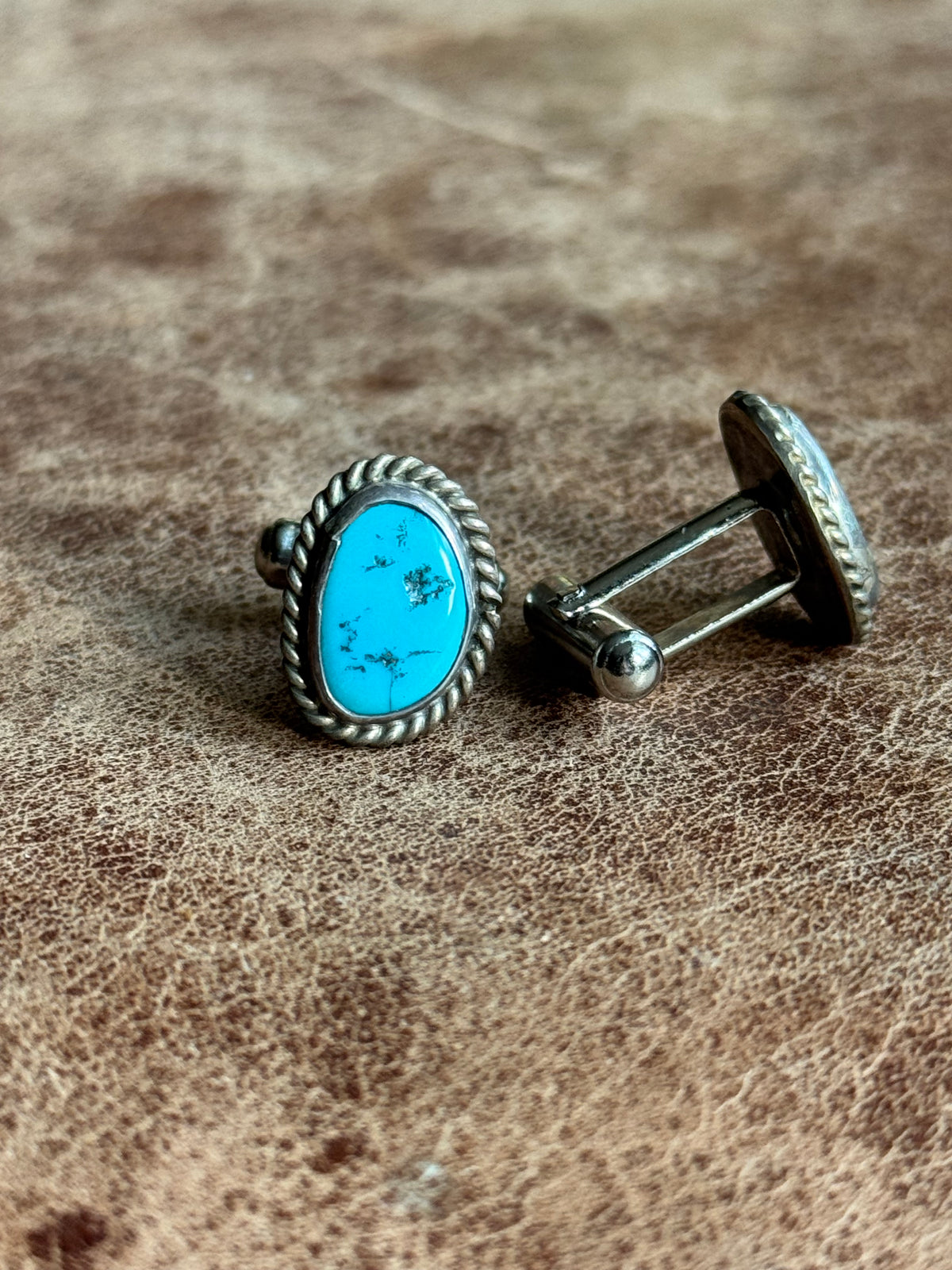 Vintage Sterling Silver Roped Turquoise Cufflinks