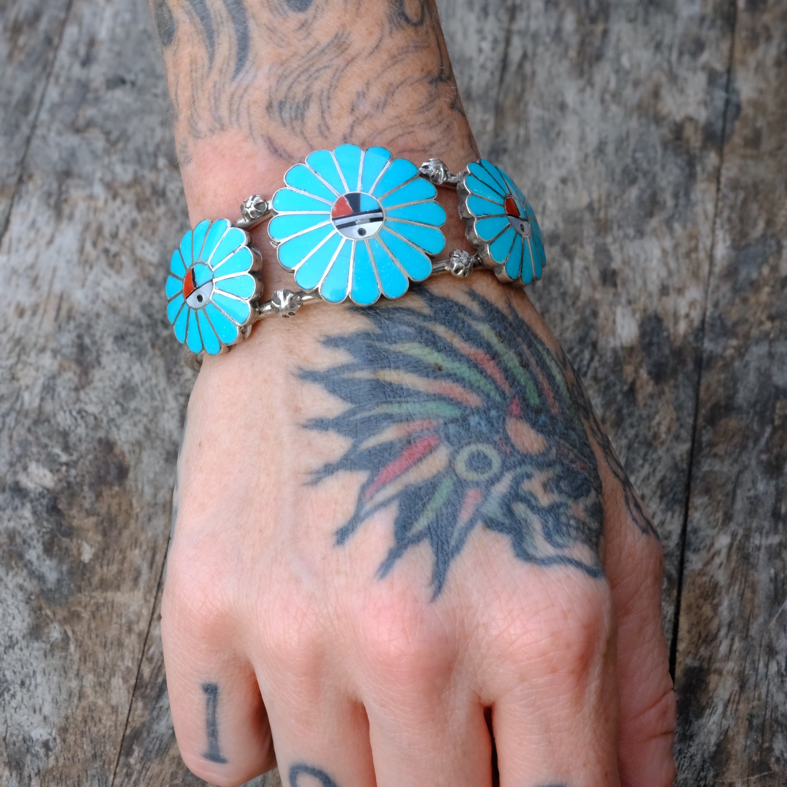 Vintage Sterling Zuni Inlay Sunface Cuff Bracelet Burdian Soseeah