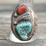 Vintage Sterling Turquoise and Coral Feather Ring 11.75