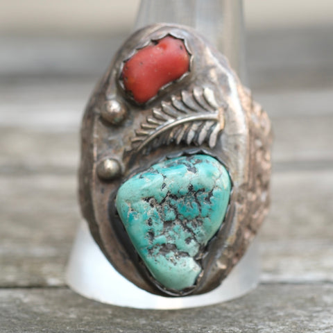 Vintage Sterling Turquoise and Coral Feather Ring 11.75