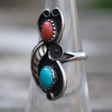Vintage Sterling Turquoise and Coral Feather Ring 5.75