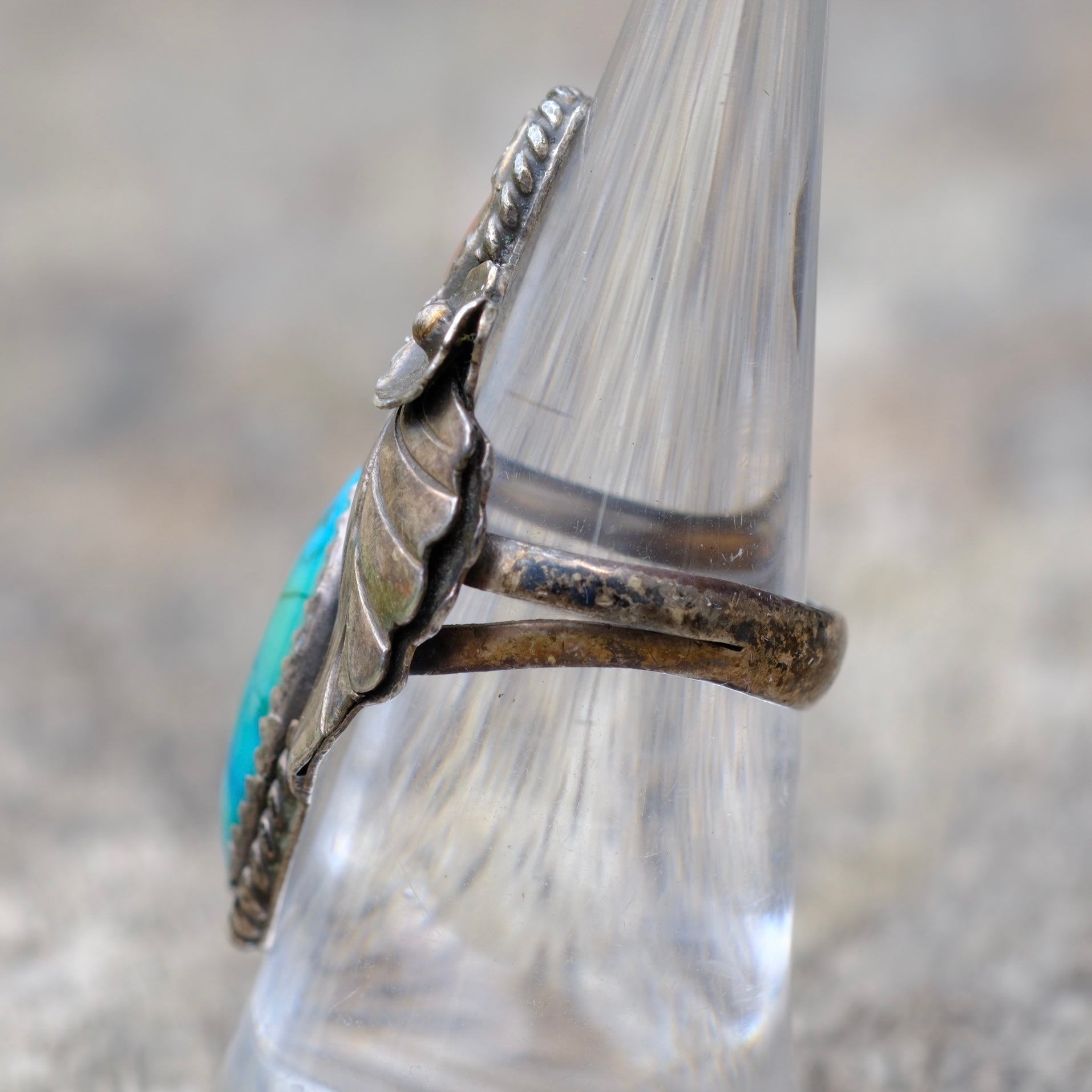Vintage Sterling Turquoise and Coral Feather Ring 6