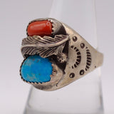 Vintage Sterling Turquoise and Coral Feather Ring 9.25