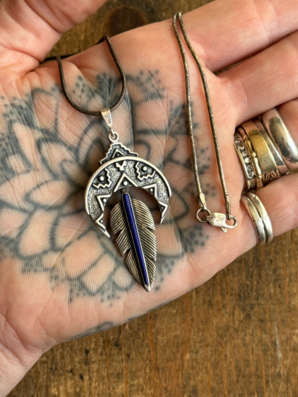 Vintage Sterling Silver Lapis Crescent Leaf Necklace