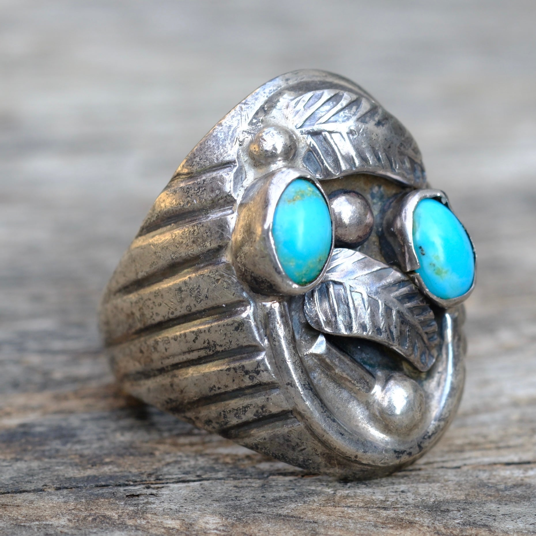 Vintage Sterling 2-Stone Turquoise Feather Ring 9.5