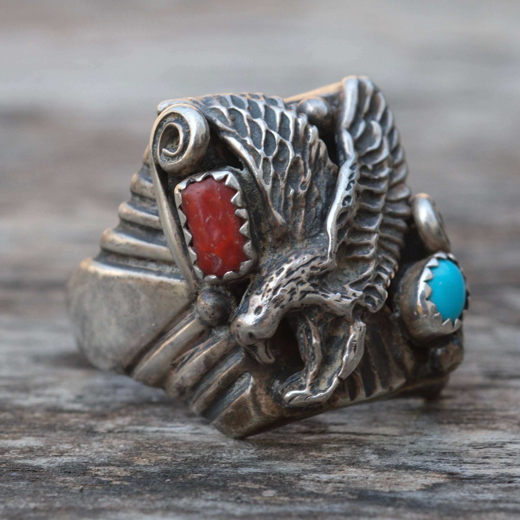 Vintage Sterling Turquoise and Coral Eagle Ring 12