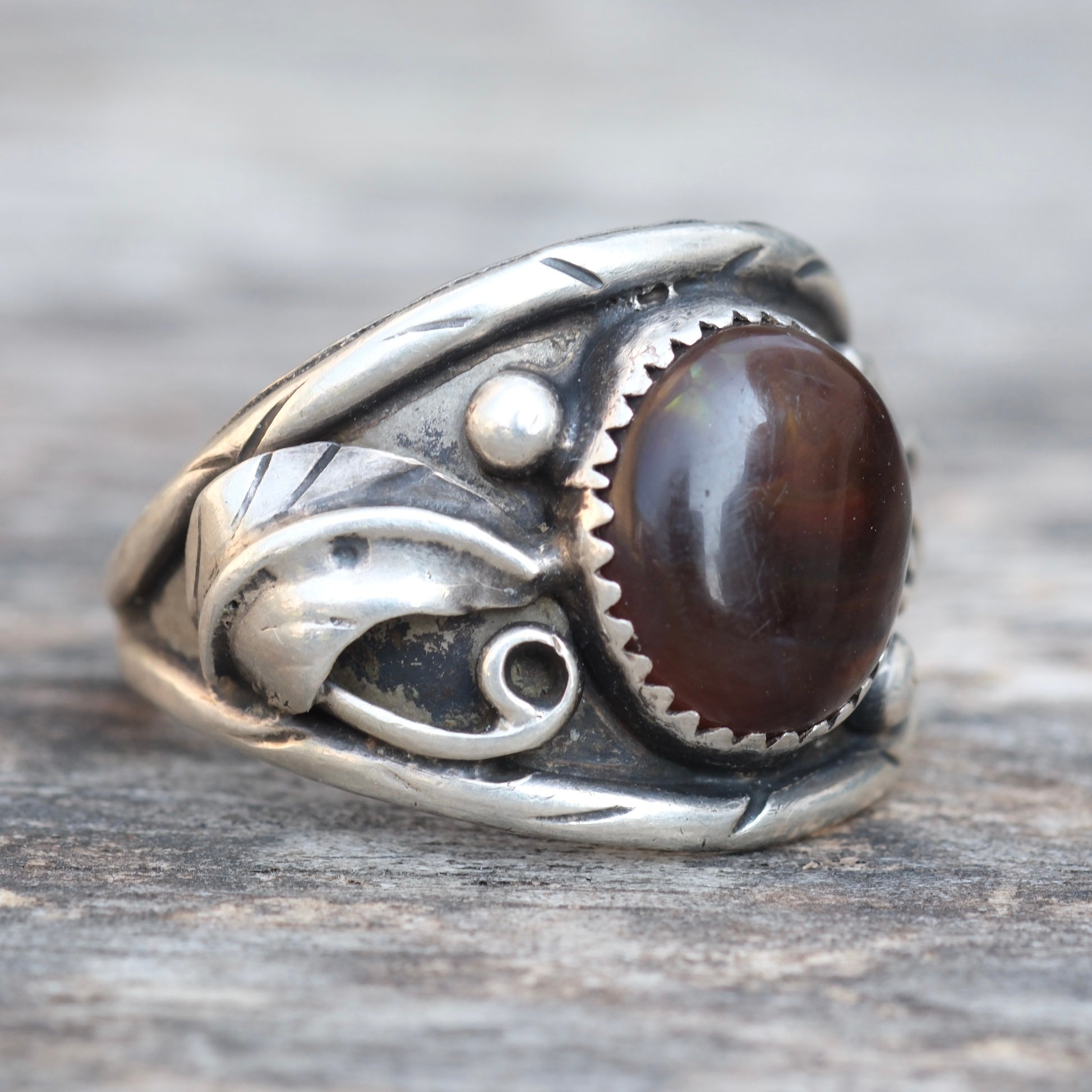 Vintage Sterling Fire Agate Feather Ring 13.5