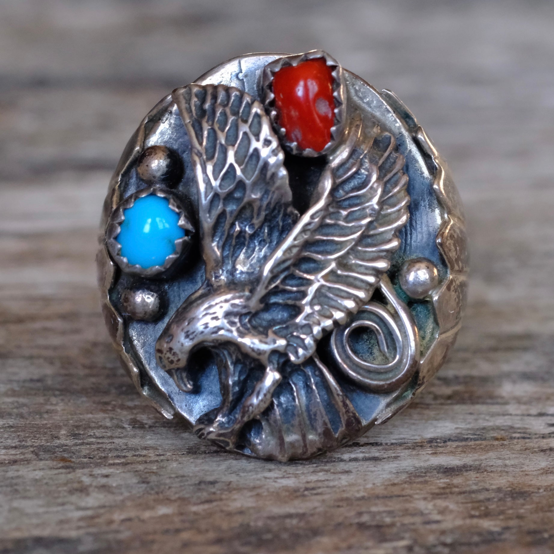 Vintage Sterling Turquoise and Coral Eagle Ring 9