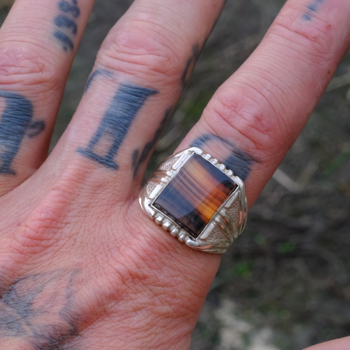 Vintage Sterling Agate Signet Ring 12