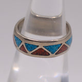 Vintage Sterling Crushed Turquoise and Coral Band Ring 5