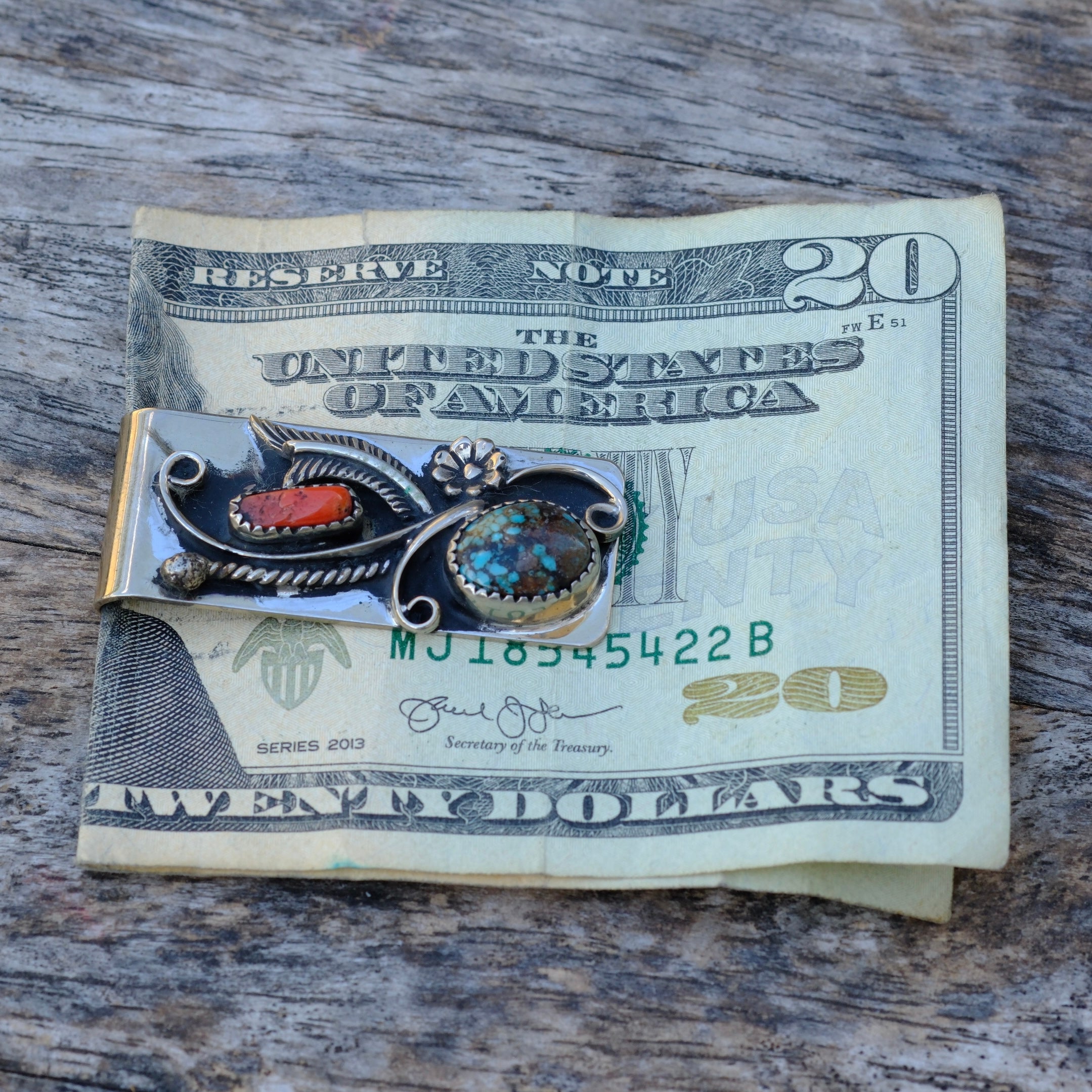 Vintage Turquoise and Coral Feather Money Clip