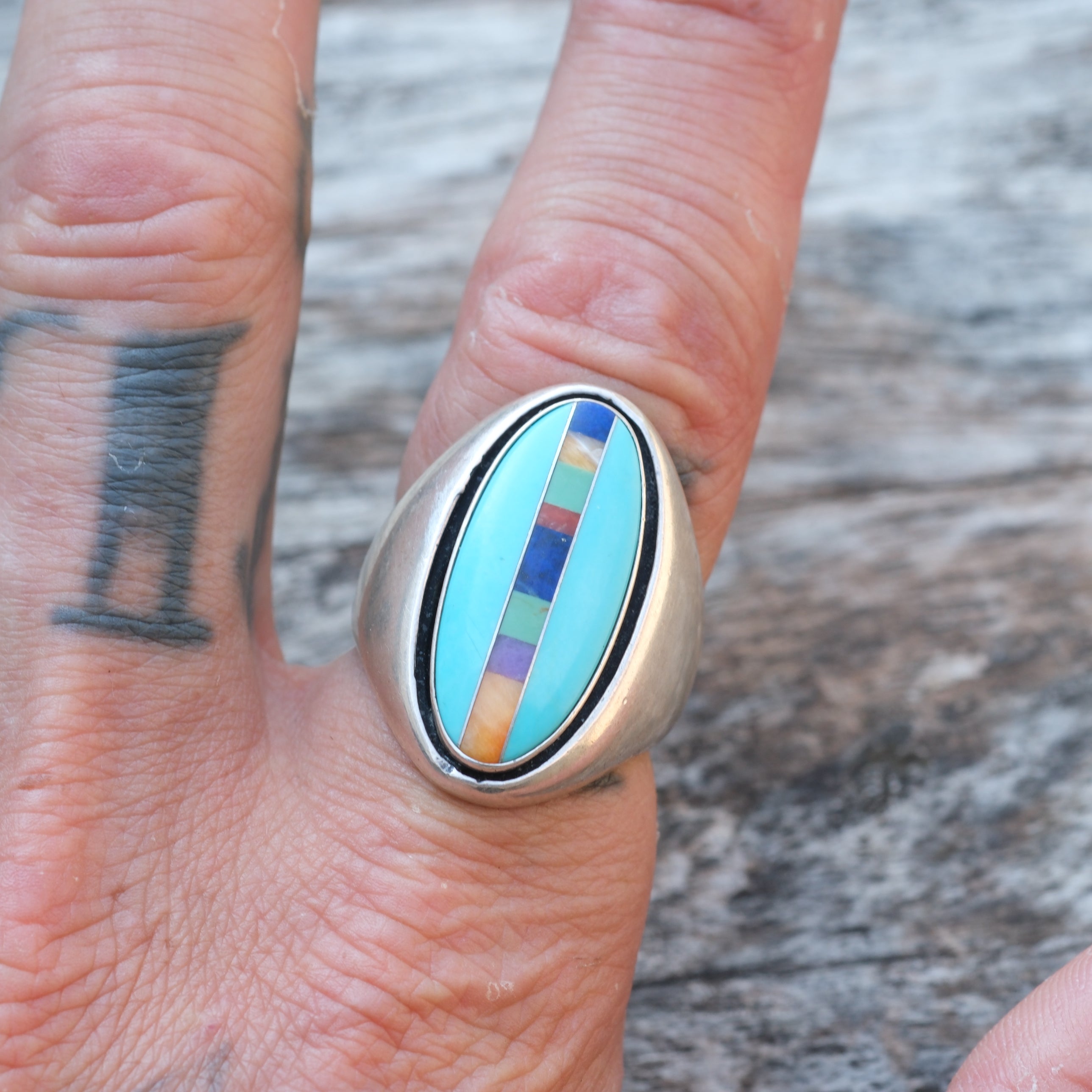 Vintage Sterling Multistone Inlay Ring 9