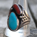 Vintage Sterling Turquoise and Coral Stamped Band Ring 11