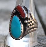 Vintage Sterling Turquoise and Coral Stamped Band Ring 11