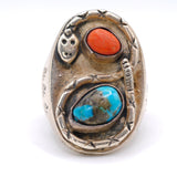 Vintage Sterling Turquoise and Coral Snake Ring 11