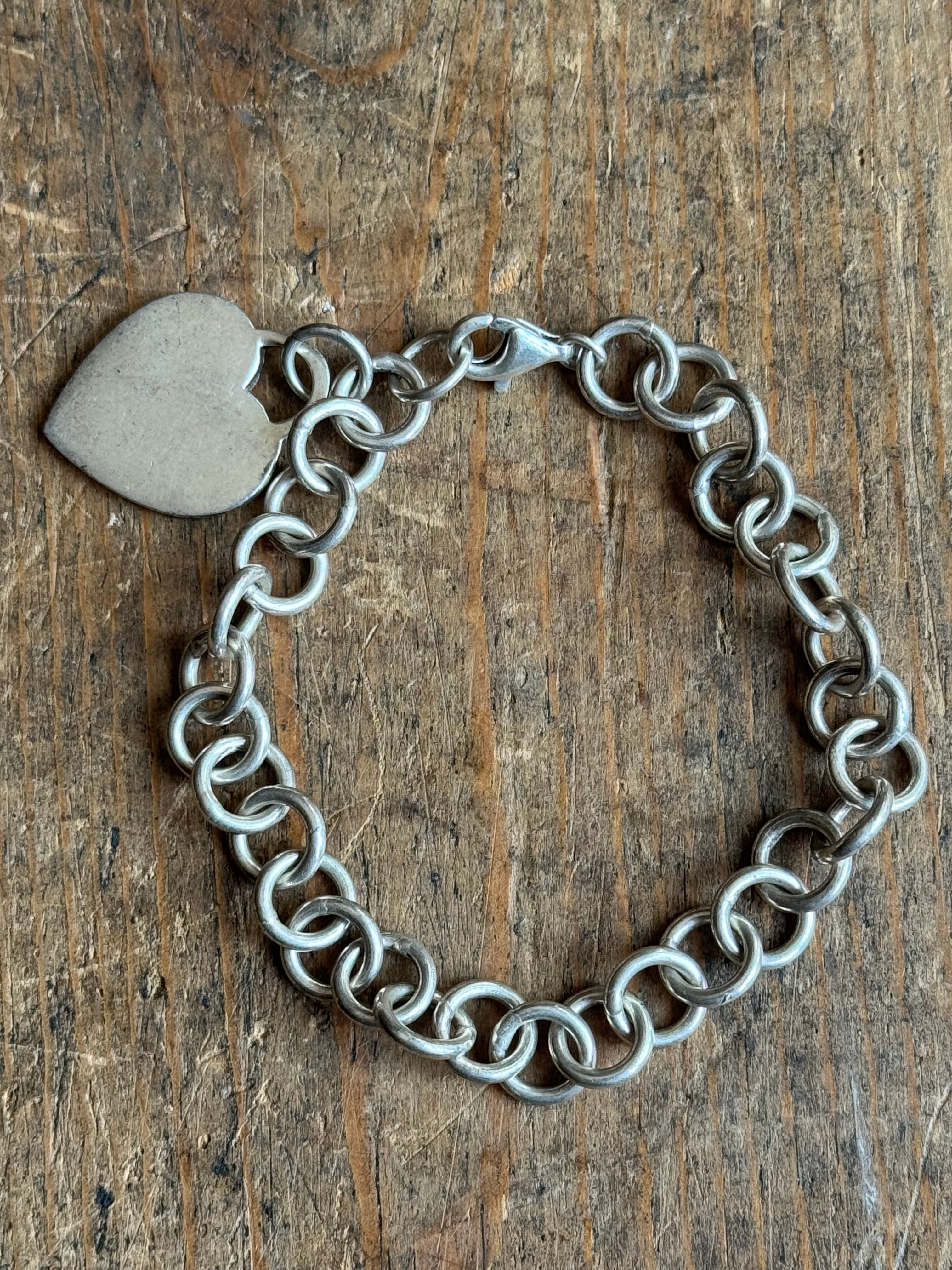 Vintage Sterling Silver 7” Cable Link Heart Tag Bracelet