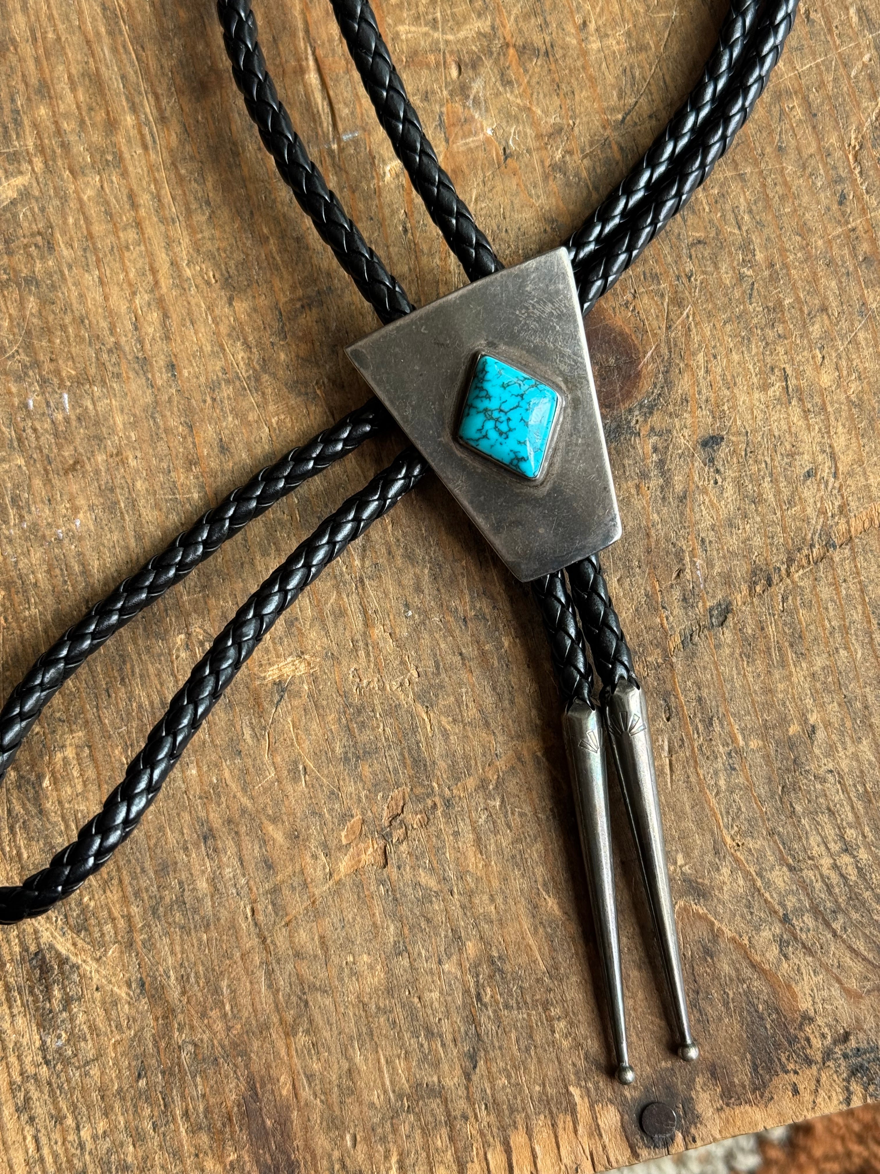 Vintage Sterling Silver Turquoise Shield Bolo Tie