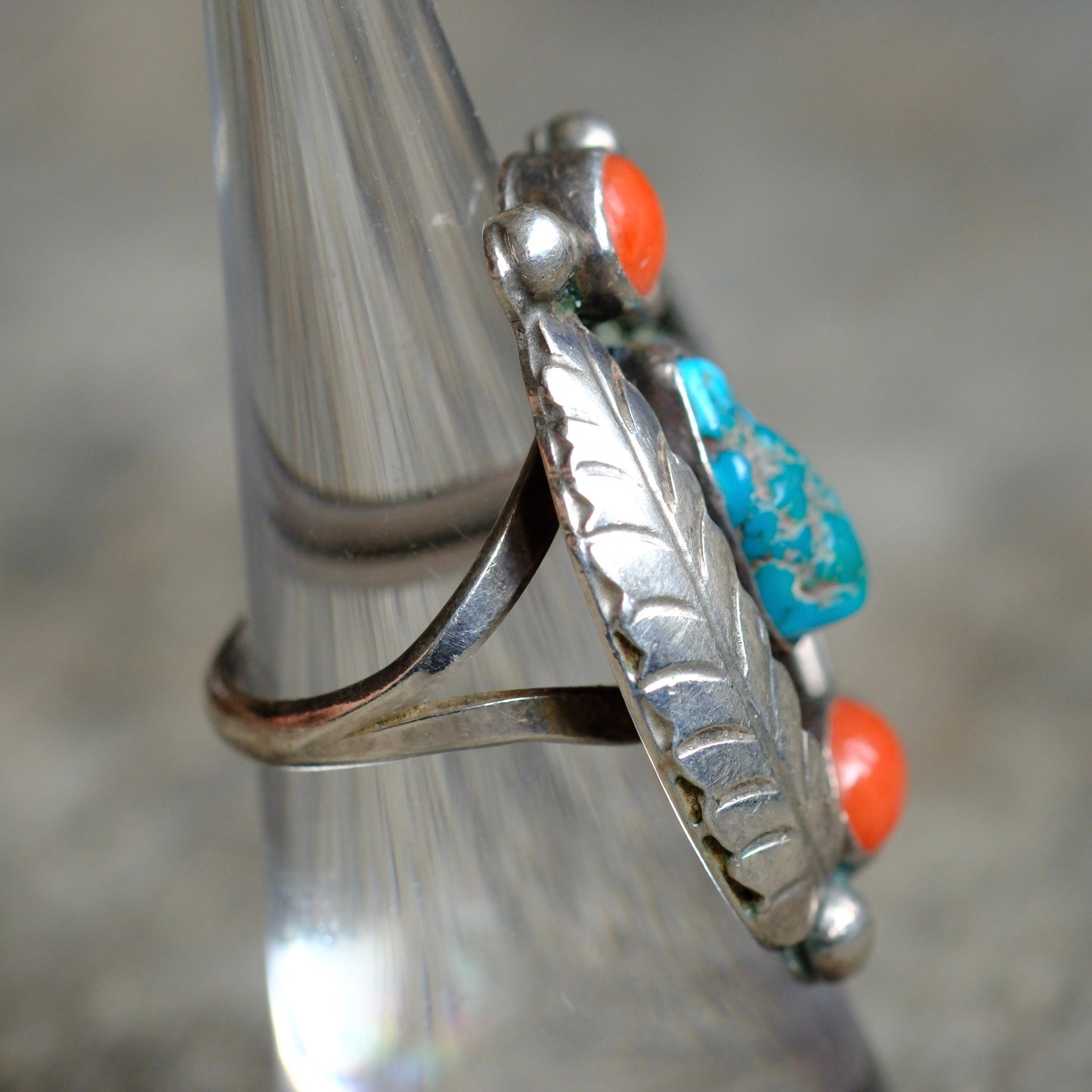 Vintage Sterling Turquoise and Coral Feather Ring 6