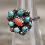 Vintage Sterling Turquoise and Coral Cluster Ring 7.25