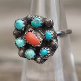 Vintage Sterling Turquoise and Coral Cluster Ring 7.25