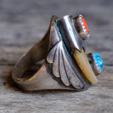 Vintage Sterling Turquoise and Coral Claw Ring 11.75