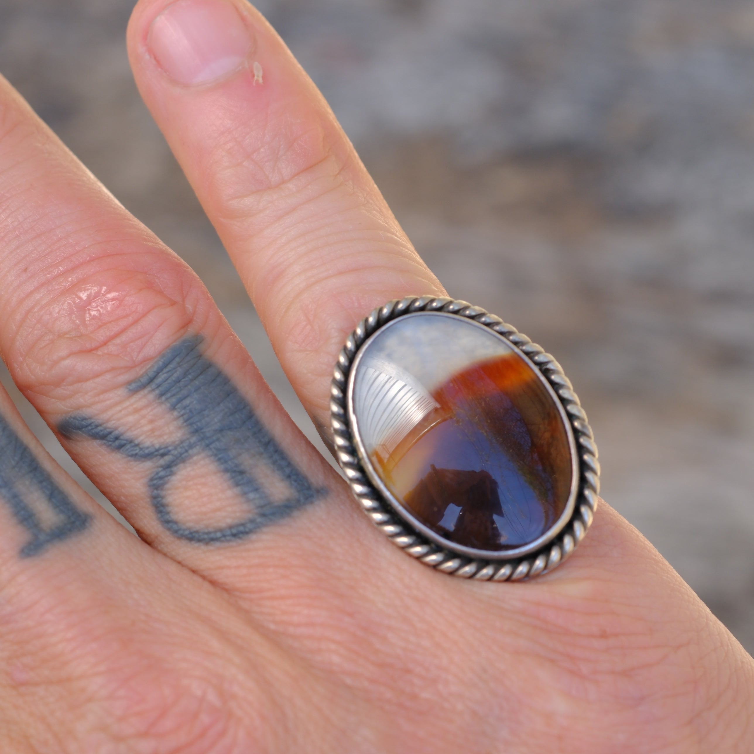 Vintage Sterling Agate Roper Ring 6