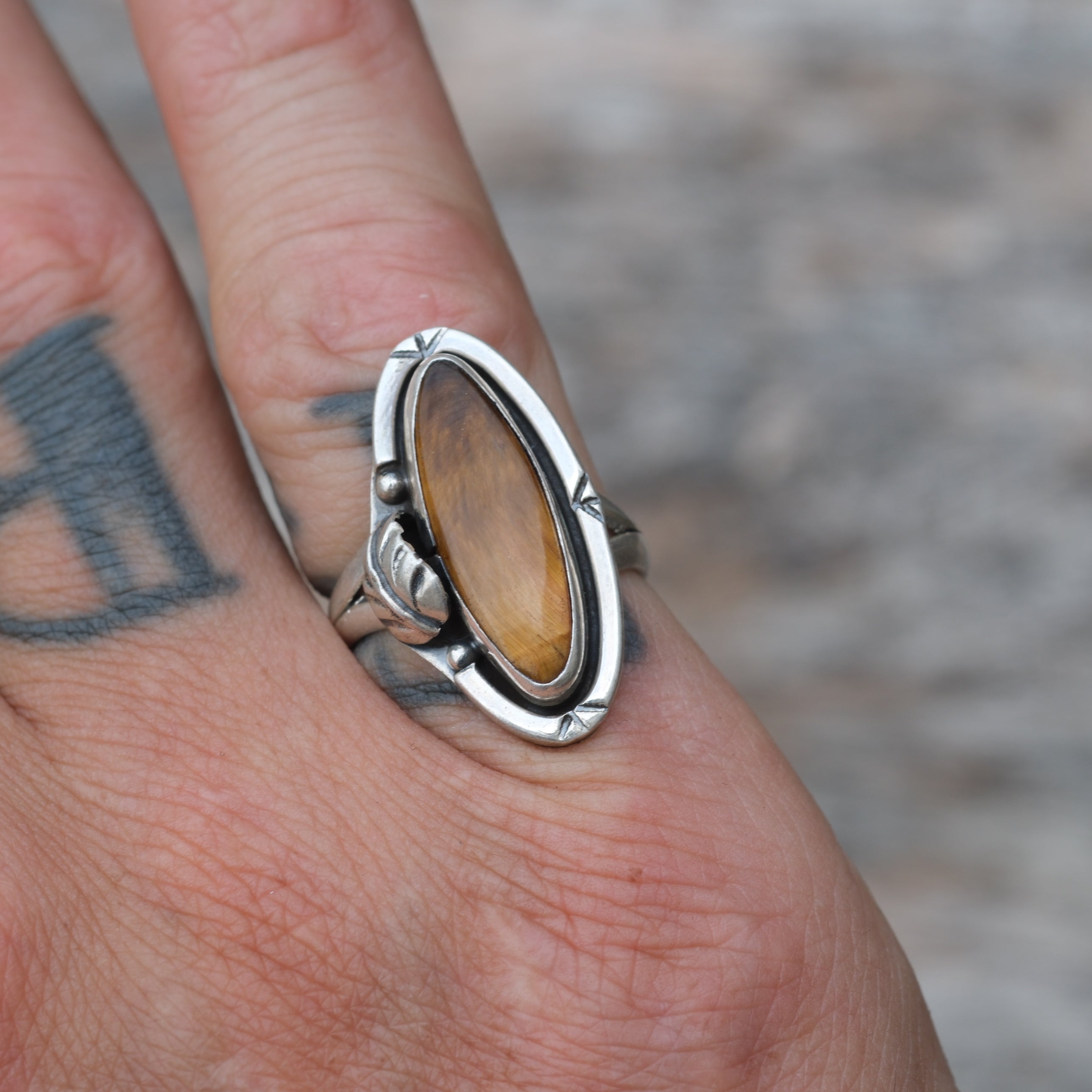 Vintage Sterling Tigers Eye Feather Ring 6