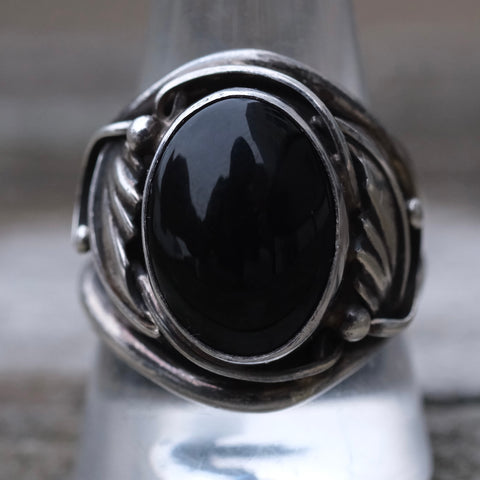 Vintage Sterling Onyx Feather Ring 11.25