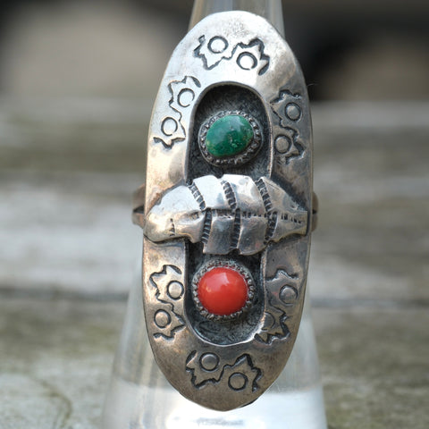 Vintage Sterling Turquoise and Coral Feather  Shadowbox Ring 7.5