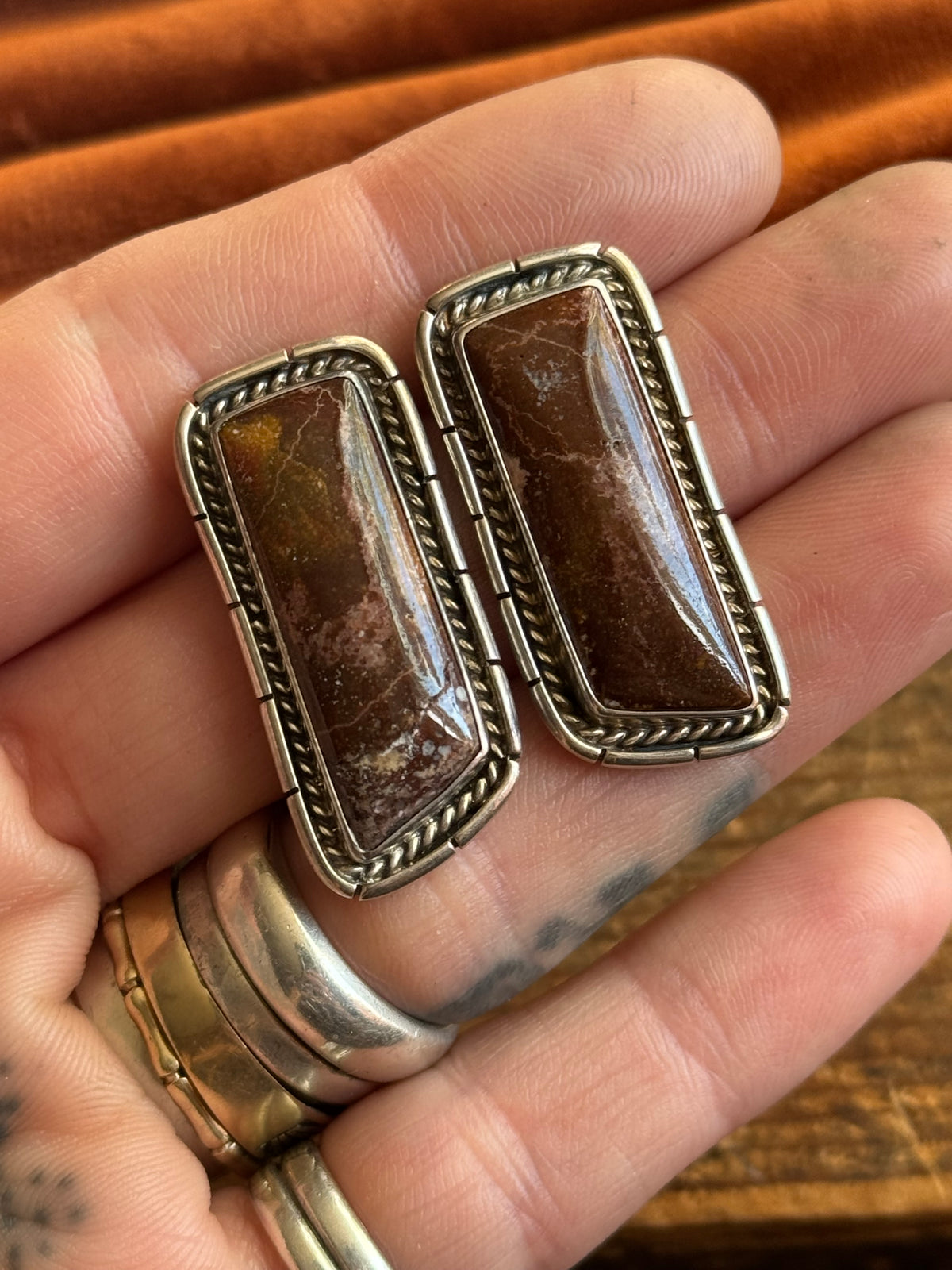 Vintage Sterling Silver Framed Jasper Earrings