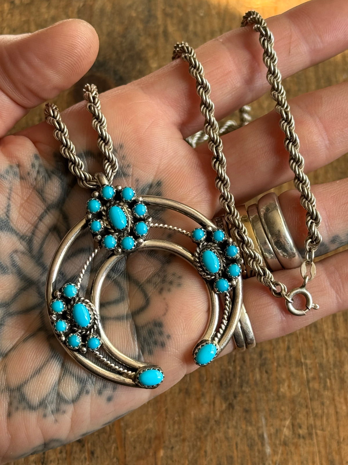 Vintage Sterling Silver Turquoise Flower Naja Necklace