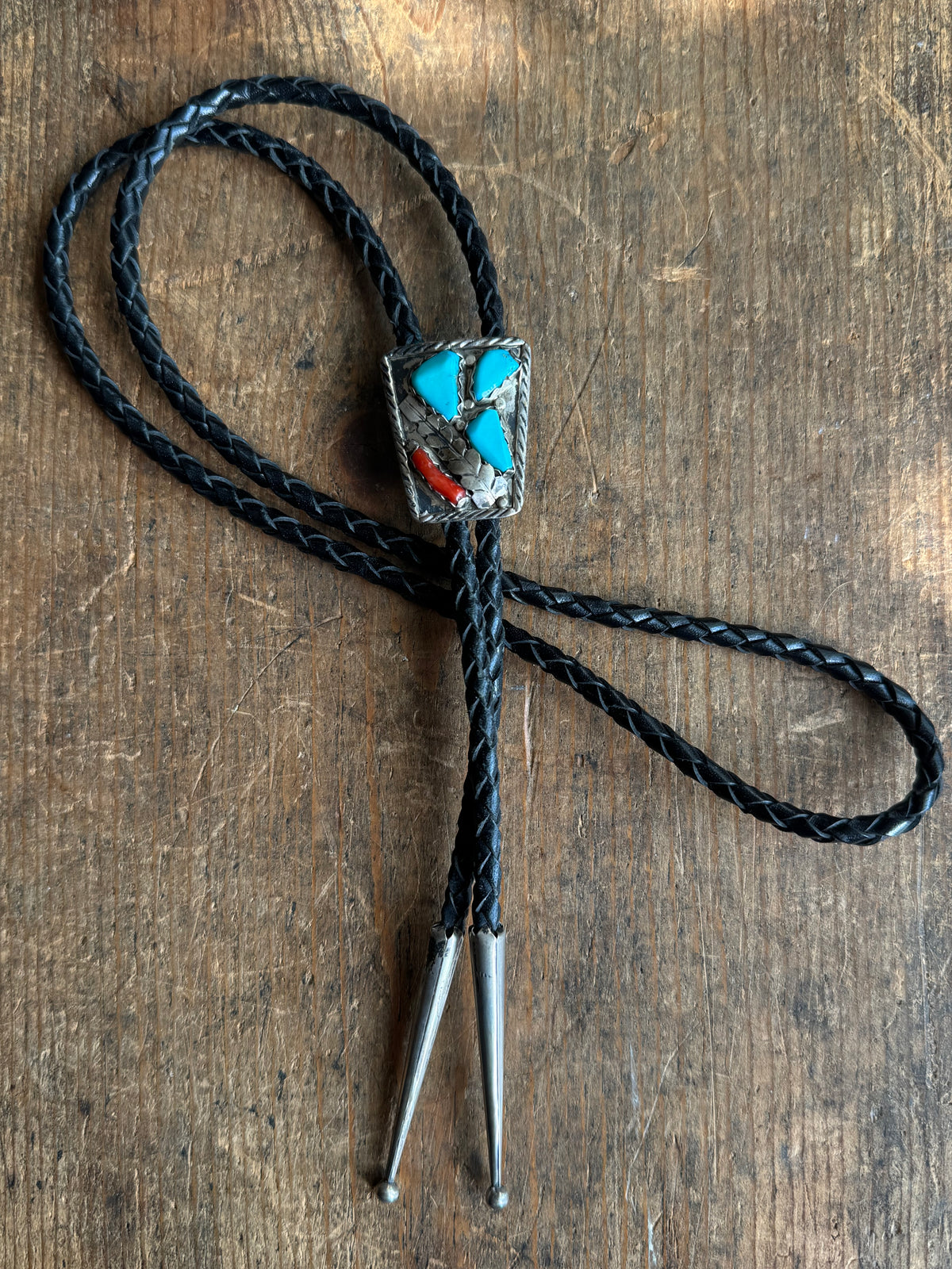 Vintage Sterling Silver Turquoise & Coral Shield Bolo
