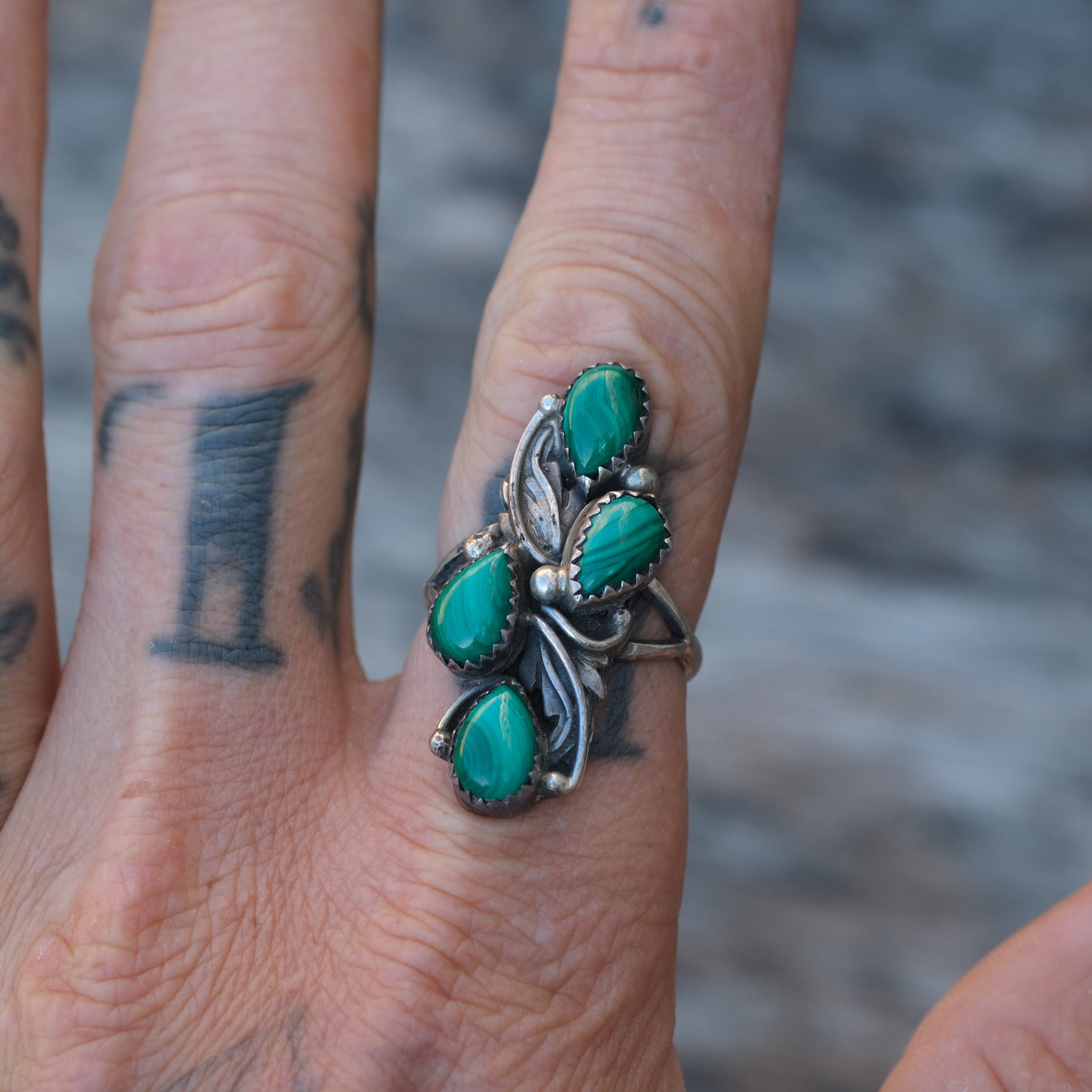 Vintage Sterling 4-Stone Malachite Ring 8.5